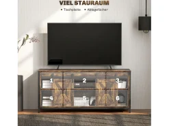 Hot Suporte para TV com prateleiras ajustáveis, portas estilo celeiro, estrutura metálica, acabamento rústico em marrom e preto. Castanho