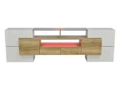Móvel De Tv| Suporte para TV de 200 cm com iluminação LED, móvel para sala de estar, design moderno, elegante superfície de vidro, cor madeira. Branco