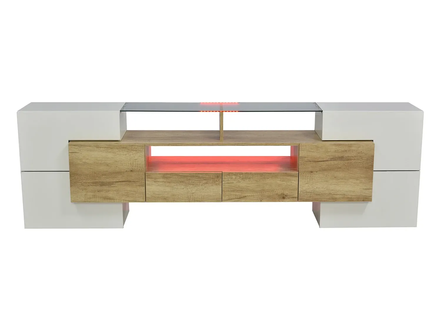 Móvel De Tv| Suporte para TV de 200 cm com iluminação LED, móvel para sala de estar, design moderno, elegante superfície de vidro, cor madeira. Branco