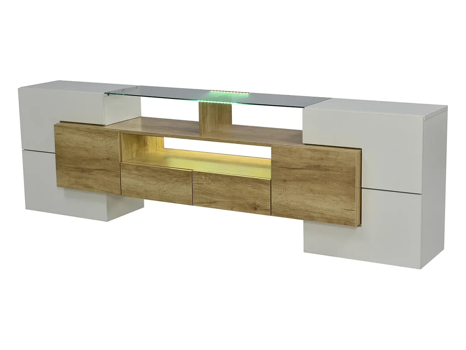 Móvel De Tv| Suporte para TV de 200 cm com iluminação LED, móvel para sala de estar, design moderno, elegante superfície de vidro, cor madeira. Branco