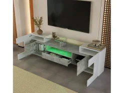 Móvel De Tv* Suporte para TV de 200 cm com iluminação LED, móvel para sala de estar, design moderno, elegante superfície de vidro, cinza. Branco