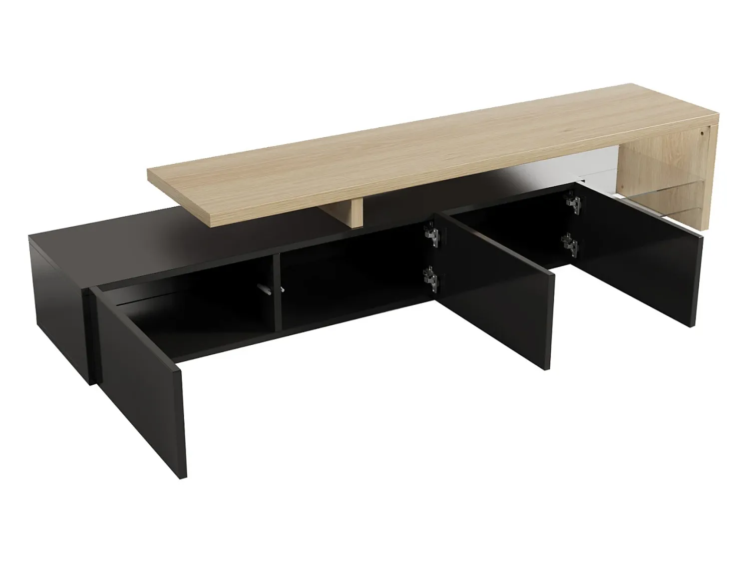 Suporte para TV de 200 cm com iluminação LED, 3 portas e prateleiras de vidro, estilo moderno e baixo, em madeira e . Preto