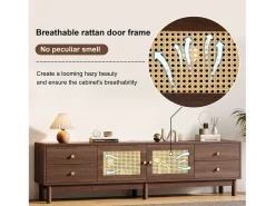 Móvel De Tv* Suporte para TV de 180 cm, móvel para TV em rattan e madeira, com 4 gavetas e 2 portas, estilo retrô, marrom. Natural escuro