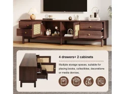 Móvel De Tv* Suporte para TV de 180 cm, móvel para TV em rattan e madeira, com 4 gavetas e 2 portas, estilo retrô, marrom. Natural escuro