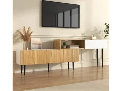 Móvel De Tv| Suporte para TV em madeira e branco - Suporte para TV com 2 portas retráteis e pés em metal - Arrumação aberta Natural claro