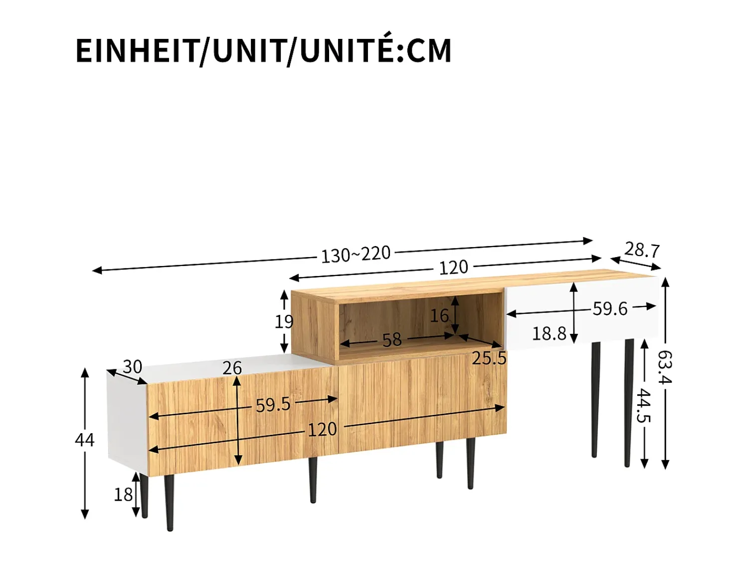 Móvel De Tv| Suporte para TV em madeira e branco - Suporte para TV com 2 portas retráteis e pés em metal - Arrumação aberta Natural claro