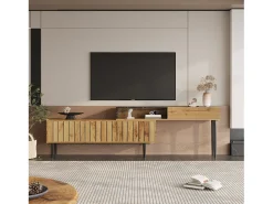Suporte para TV em madeira e preto - Suporte para TV com 2 portas retráteis e pés em ferro - Arrumação aberta^ Móvel De Tv