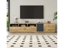 Móvel De Tv* Suporte para TV em madeira - Suporte para TV com 2 portas retráteis e 2 portas articuladas - espaço de arrumação aberto Preto