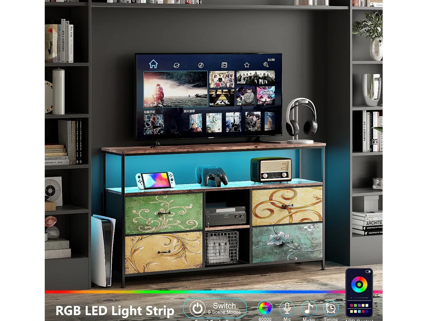 Suporte para TV LED baixo, 137 x 30 x 77 cm, estrutura sólida em metal e madeira, móvel para TV, mesa para TV, multicolorido^ Móvel De Tv