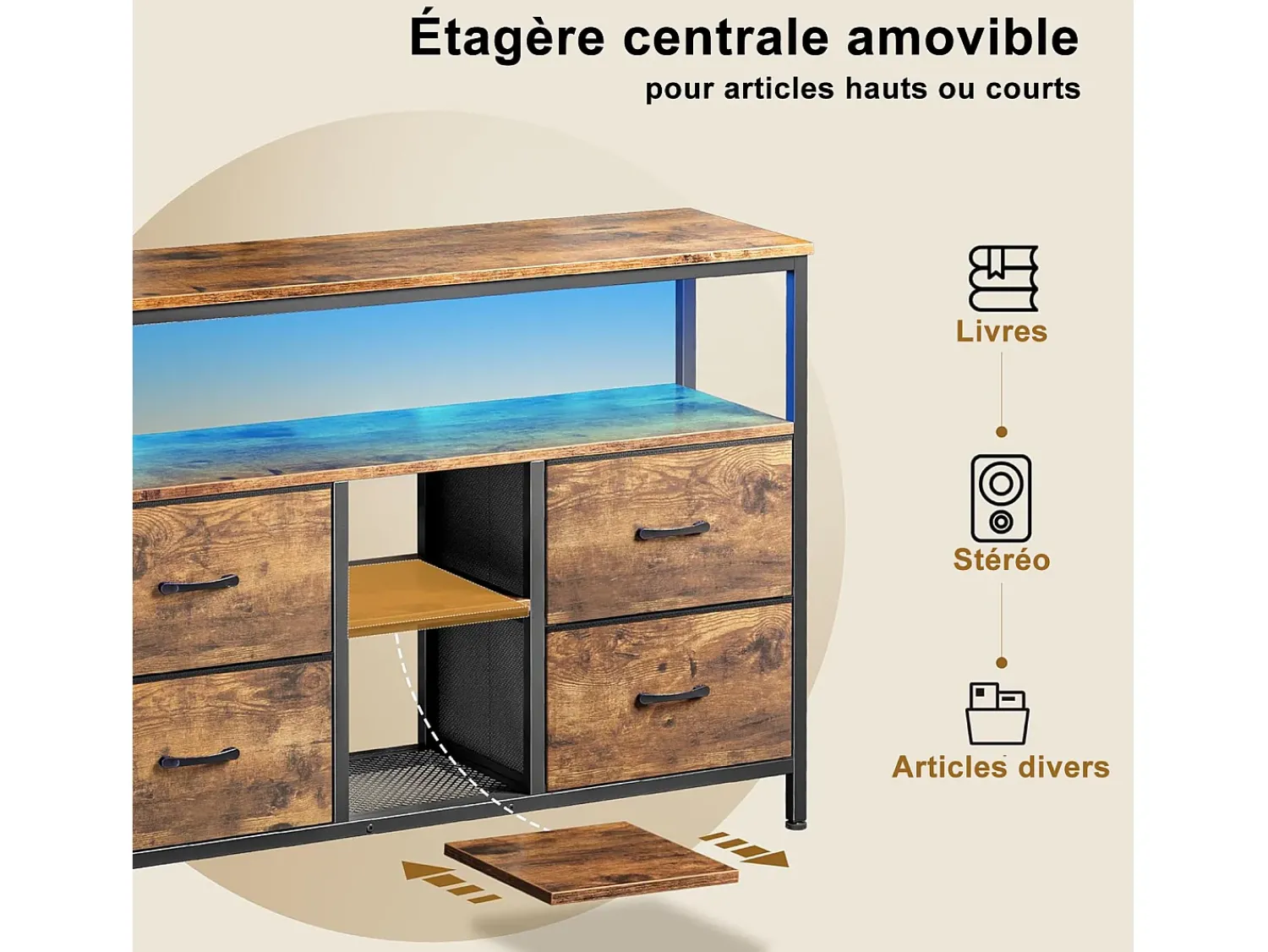 Clearance Suporte para TV LED, mesa para TV de 108 cm, com gaveta de tecido, suporte para TV de sala de estar com espaço de armazenamento, marrom Natural claro