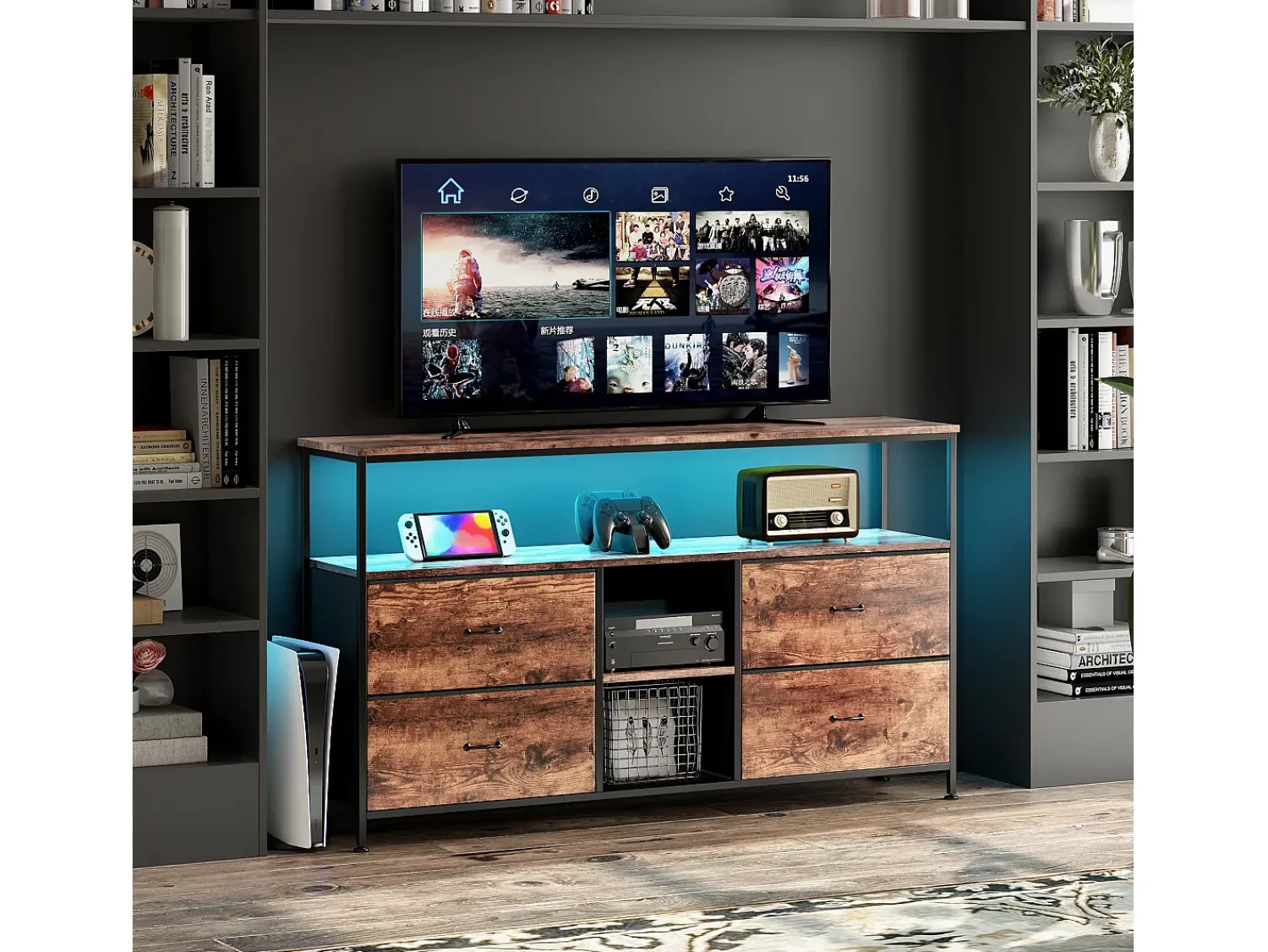 Clearance Suporte para TV LED, mesa para TV de 108 cm, com gaveta de tecido, suporte para TV de sala de estar com espaço de armazenamento, marrom Natural claro