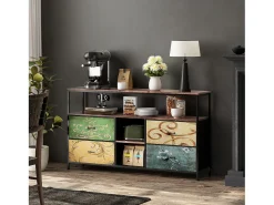 Móvel De Tv| Suporte para TV LED RGB – 4 gavetas vintage, estrutura de metal, prateleira ajustável, 108x30x57 cm Natural claro