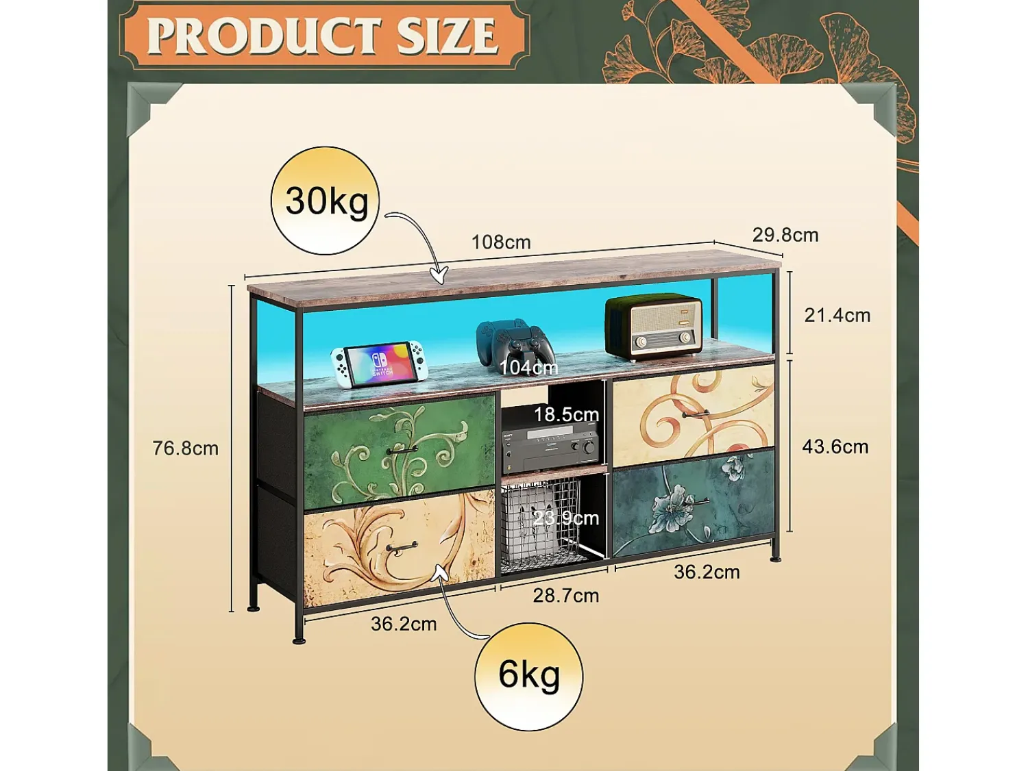 Móvel De Tv| Suporte para TV LED RGB – 4 gavetas vintage, estrutura de metal, prateleira ajustável, 108x30x57 cm Natural claro