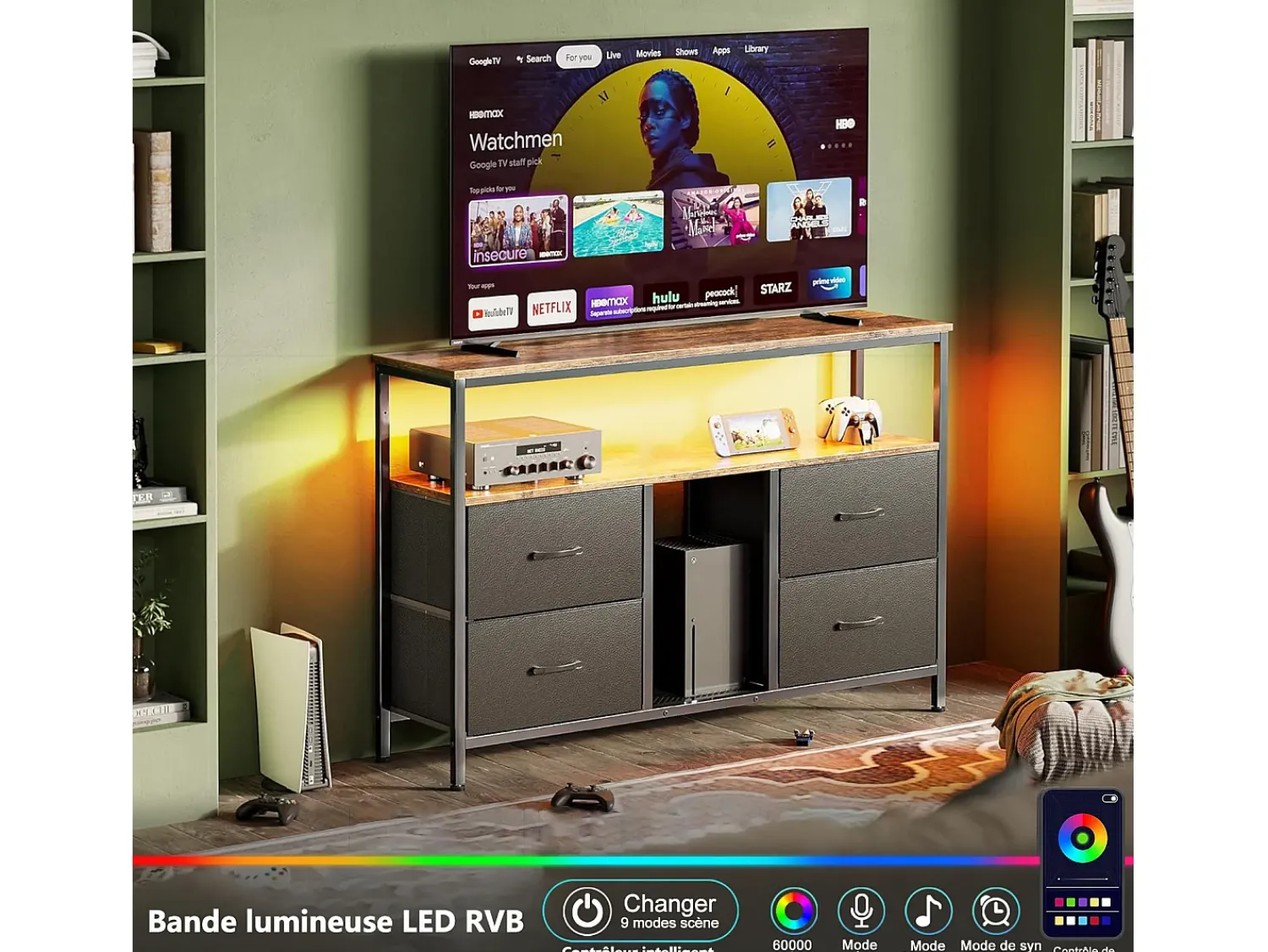 Clearance Suporte para TV LED RGB – 4 gavetas vintage, estrutura de metal, prateleira ajustável, 108x30x57 cm Branco