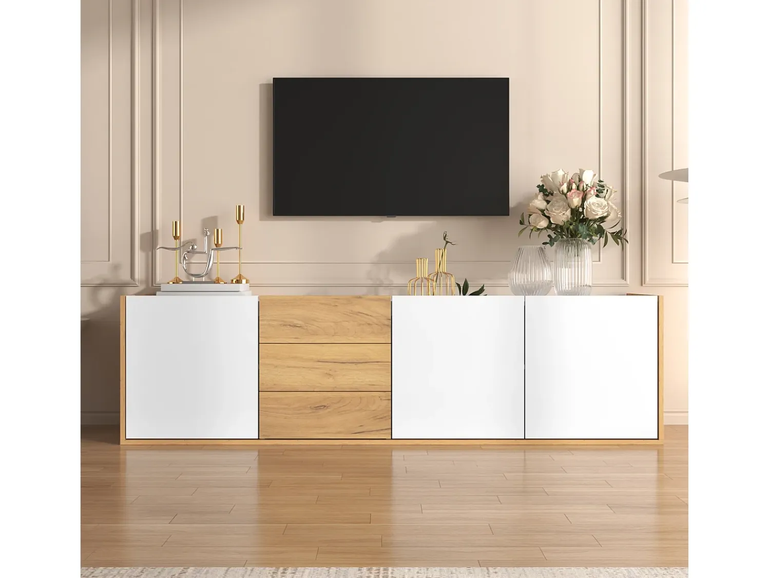 Móvel De Tv| Suporte para TV, painel baixo em madeira e , que pode ser montado na parede ou colocado no chão. Branco