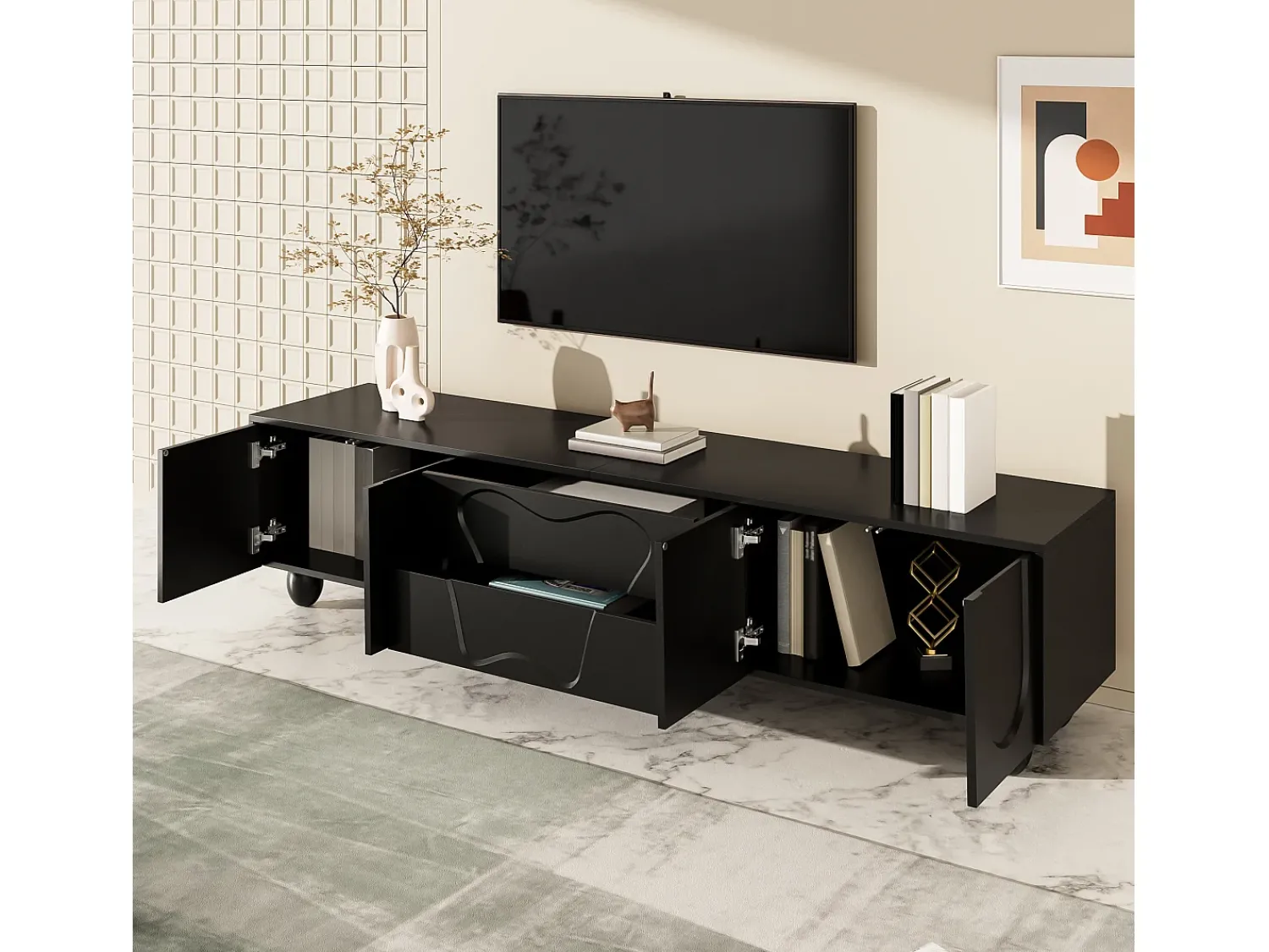 Móvel De Tv* Suporte para TV - Suporte para TV com 2 gavetas e 2 portas - Pés redondos em madeira maciça Preto
