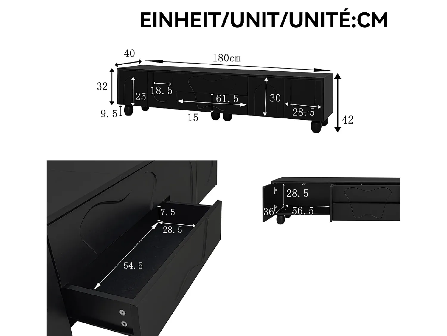 Móvel De Tv* Suporte para TV - Suporte para TV com 2 gavetas e 2 portas - Pés redondos em madeira maciça Preto