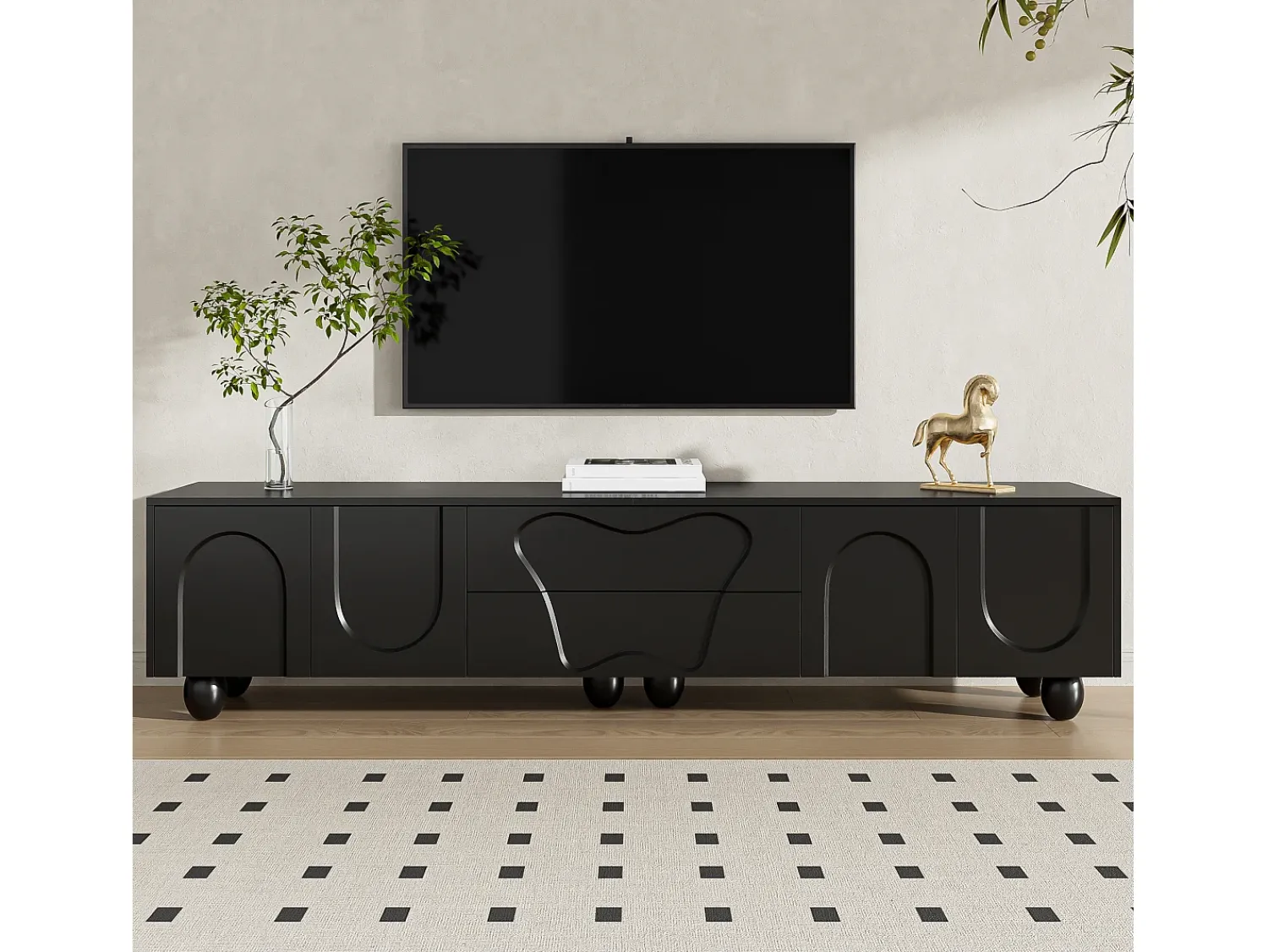 Móvel De Tv* Suporte para TV - Suporte para TV com 2 gavetas e 2 portas - Pés redondos em madeira maciça Preto
