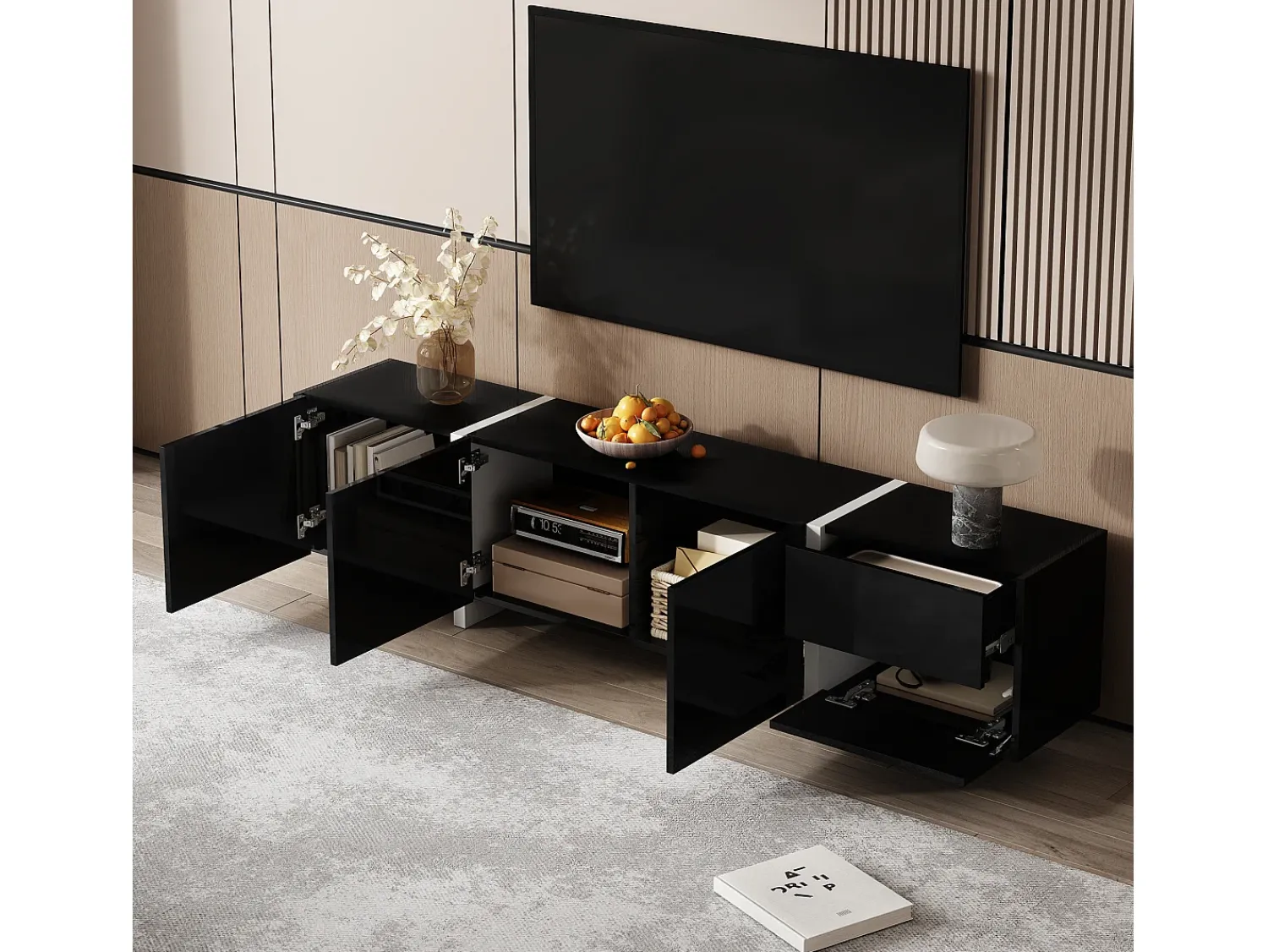 Móvel De Tv* Suporte para TV Brilhante - Suporte para TV com 1 Gaveta e 4 Portas - com Iluminação LED - para Sala de Estar Preto