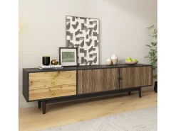 Móvel De Tv| Suporte para TV preto e madeira - Suporte para TV com 2 portas e 3 gavetas - Puxadores dourados e padrão ondulado Natural claro