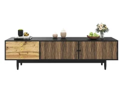 Móvel De Tv| Suporte para TV preto e madeira - Suporte para TV com 2 portas e 3 gavetas - Puxadores dourados e padrão ondulado Natural claro