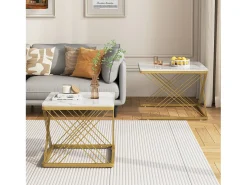 Hot Hauss Spole Table basse gigogne -Lot de 2 - Plateau finition brillant en effet marbre - Blanc et doré Dourado
