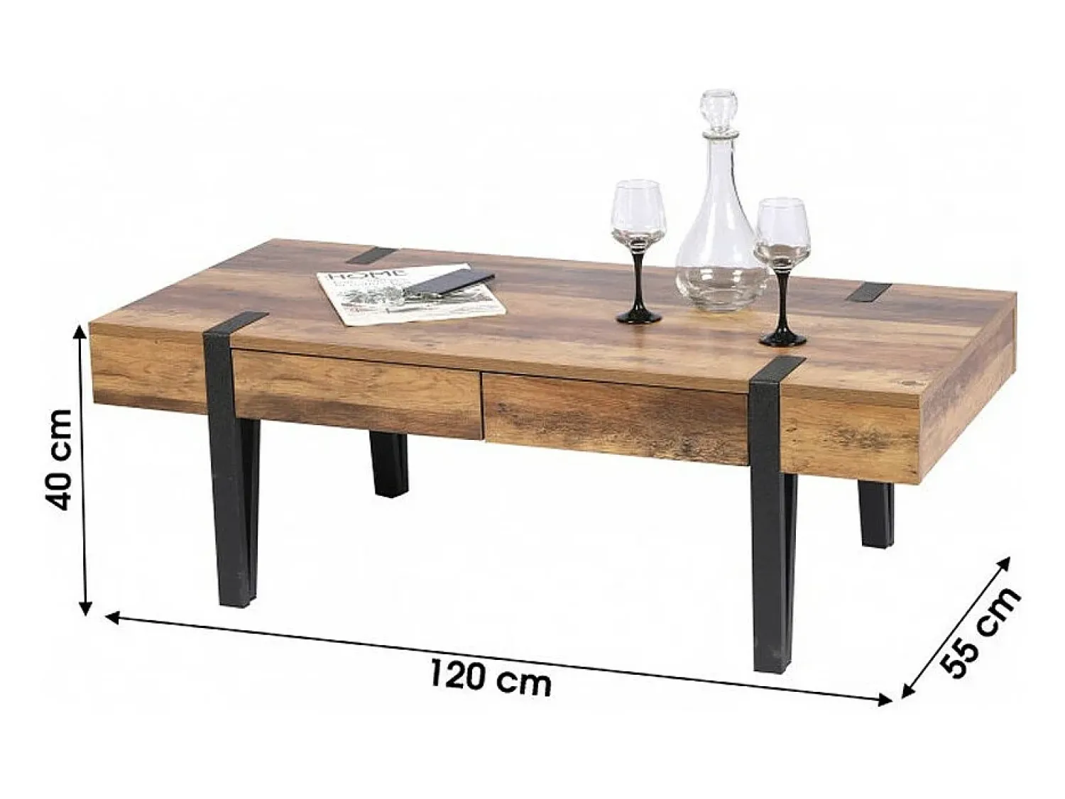 Best Meublorama Table Basse LOVY – Bois avec Pieds en Métal, 2 Tiroirs Castanho