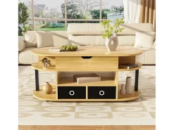 New Tavolino moderno in venature del legno, con funzione di sollevamento, spazio di archiviazione e cassetti in tessuto nero Preto