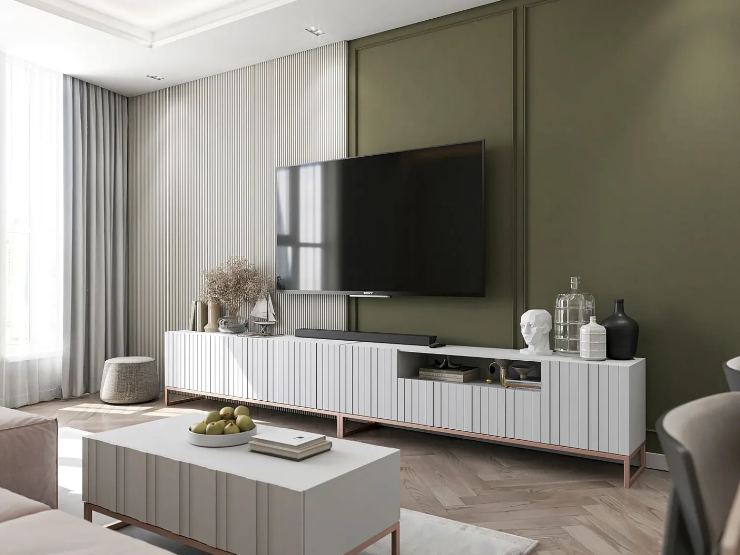 TV-meubel met 7 deuren en open nis – romp Mat wit, geribbelde fronten Mat wit – 300 cm, metalen frame^ Móvel De Tv