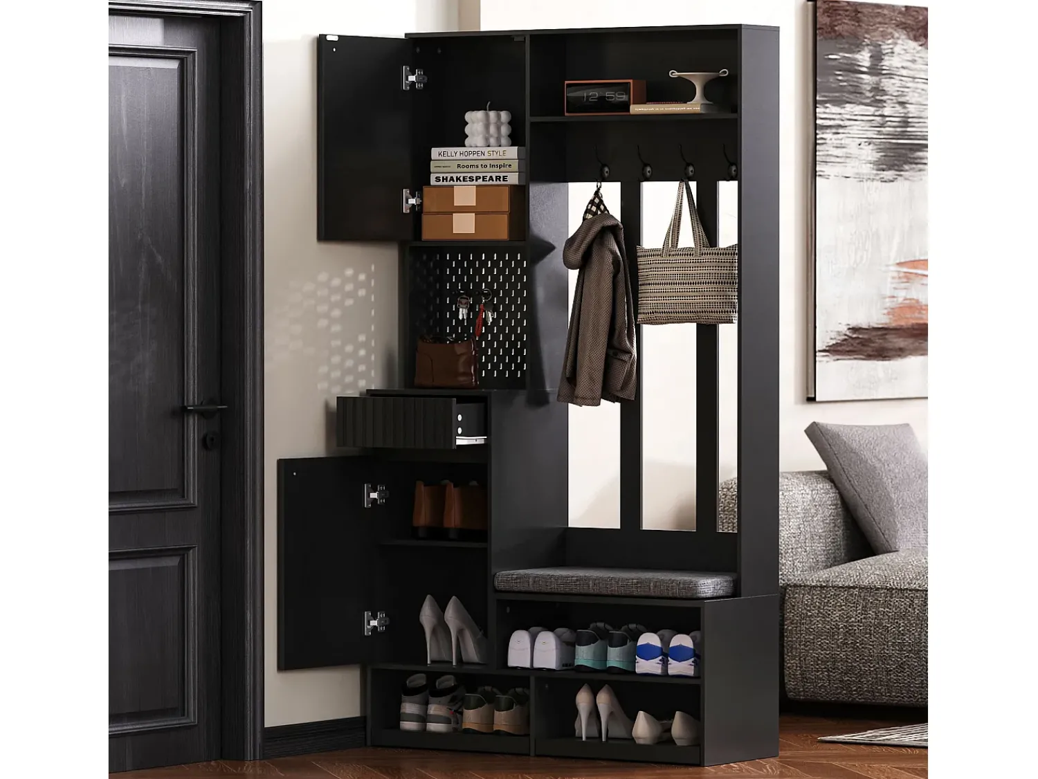 ModernLuxe Vestuário de entrada moderno - com 4 ganchos, 2 portas e 1 gaveta - com banco e prateleiras abertas -^ Móvel De Entrada