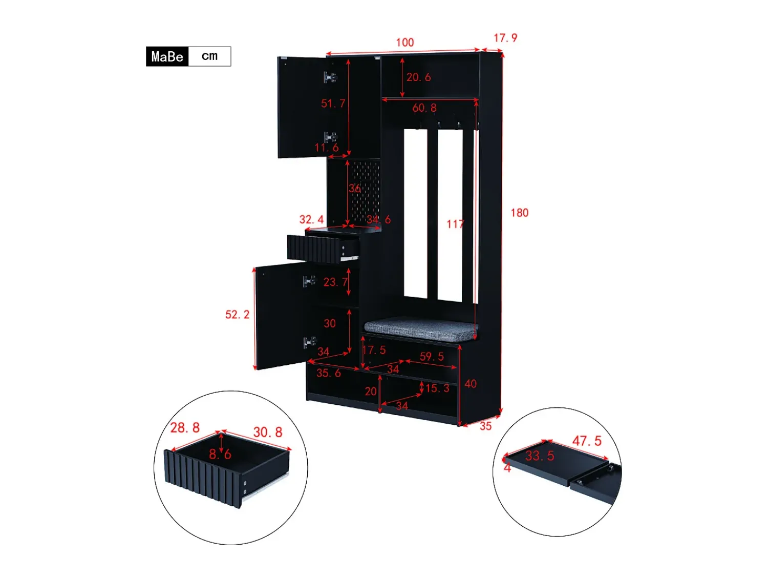 ModernLuxe Vestuário de entrada moderno - com 4 ganchos, 2 portas e 1 gaveta - com banco e prateleiras abertas -^ Móvel De Entrada
