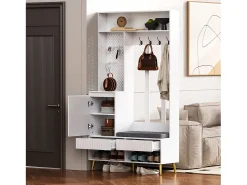 ModernLuxe Vestuário de entrada moderno - com 4 ganchos, 1 porta e 2 gavetas - com banco e prateleiras abertas -^ Móvel De Entrada
