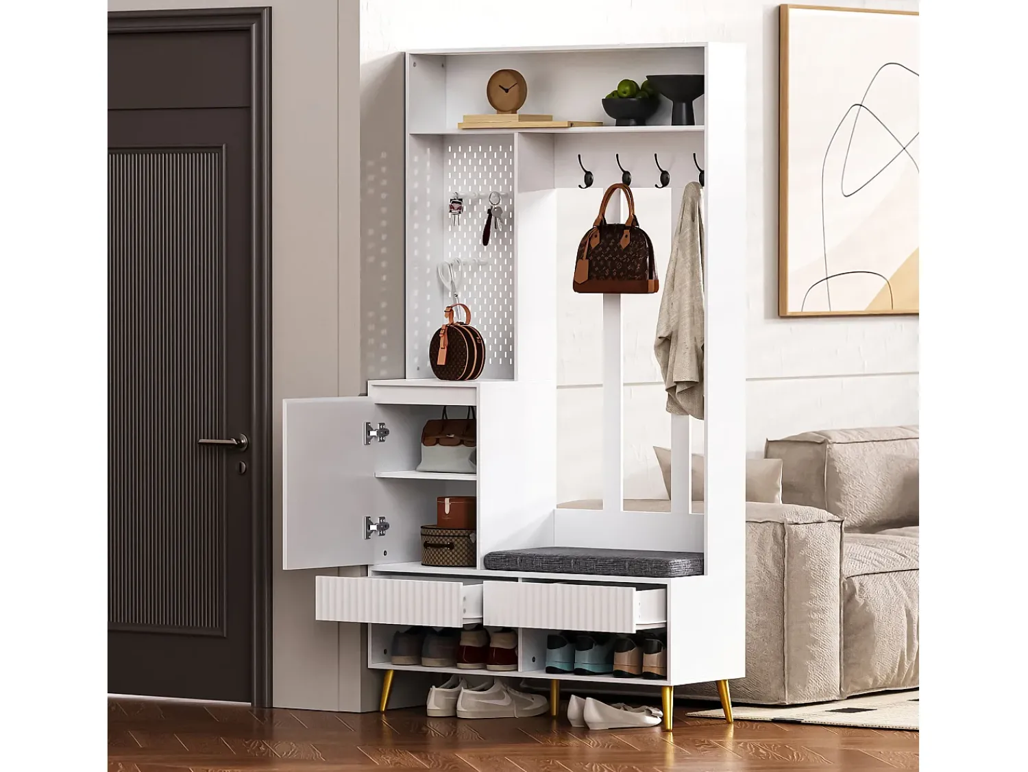 ModernLuxe Vestuário de entrada moderno - com 4 ganchos, 1 porta e 2 gavetas - com banco e prateleiras abertas -^ Móvel De Entrada
