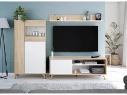 Vitrina|Dmora Vitrina Atlanta, Vitrina moderna com 3 portas, Aparador para sala ou lounge, Aparador alto com prateleiras, 77x33h142 cm, Carvalho e Branco Natural claro