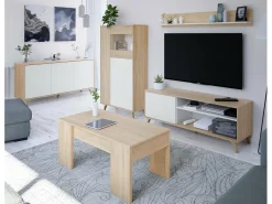 Vitrina|Dmora Vitrina Atlanta, Vitrina moderna com 3 portas, Aparador para sala ou lounge, Aparador alto com prateleiras, 77x33h142 cm, Carvalho e Branco Natural claro