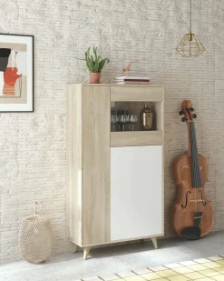 Vitrina|Dmora Vitrina Atlanta, Vitrina moderna com 3 portas, Aparador para sala ou lounge, Aparador alto com prateleiras, 77x33h142 cm, Carvalho e Branco Natural claro