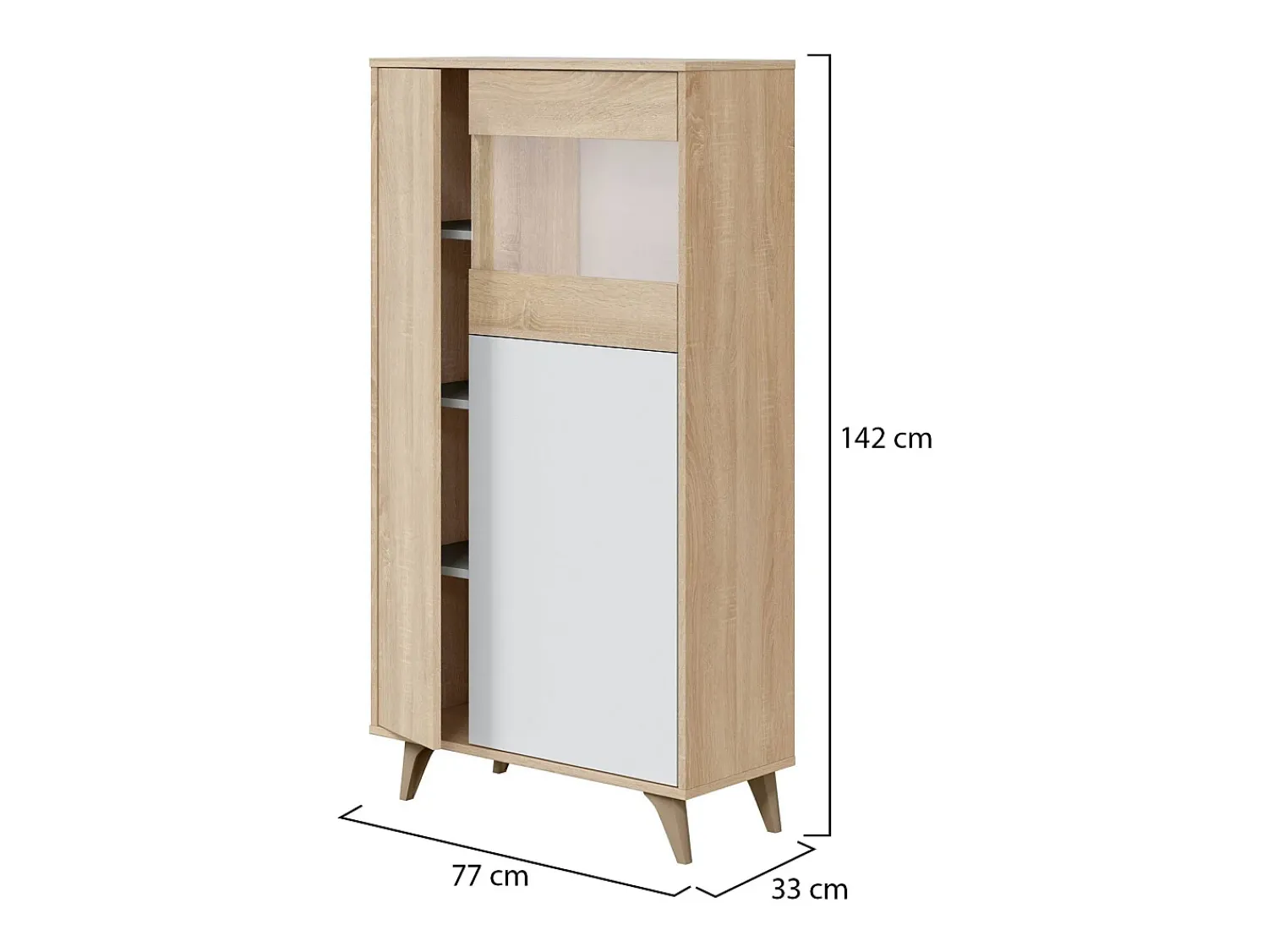Dmora Vitrina Daceved, Vitrina moderna com 3 portas, Aparador para sala ou lounge, Aparador alto com prateleiras, 77x33h142 cm, Carvalho e Branco^ Vitrina
