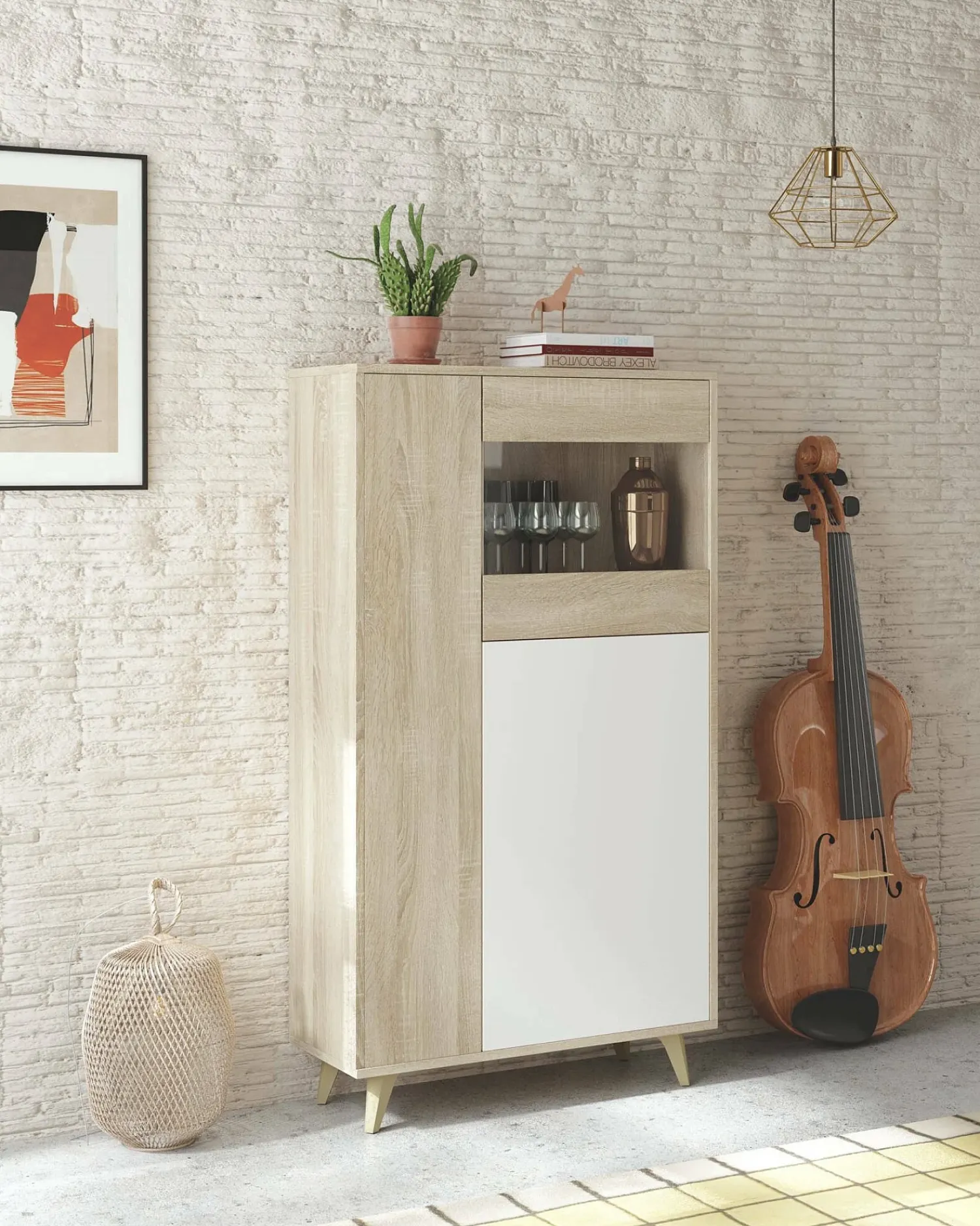 Dmora Vitrina Daceved, Vitrina moderna com 3 portas, Aparador para sala ou lounge, Aparador alto com prateleiras, 77x33h142 cm, Carvalho e Branco^ Vitrina