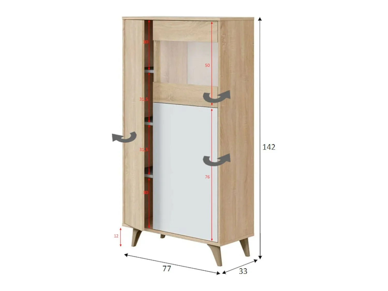 Dmora Vitrina Daceved, Vitrina moderna com 3 portas, Aparador para sala ou lounge, Aparador alto com prateleiras, 77x33h142 cm, Carvalho e Branco^ Vitrina
