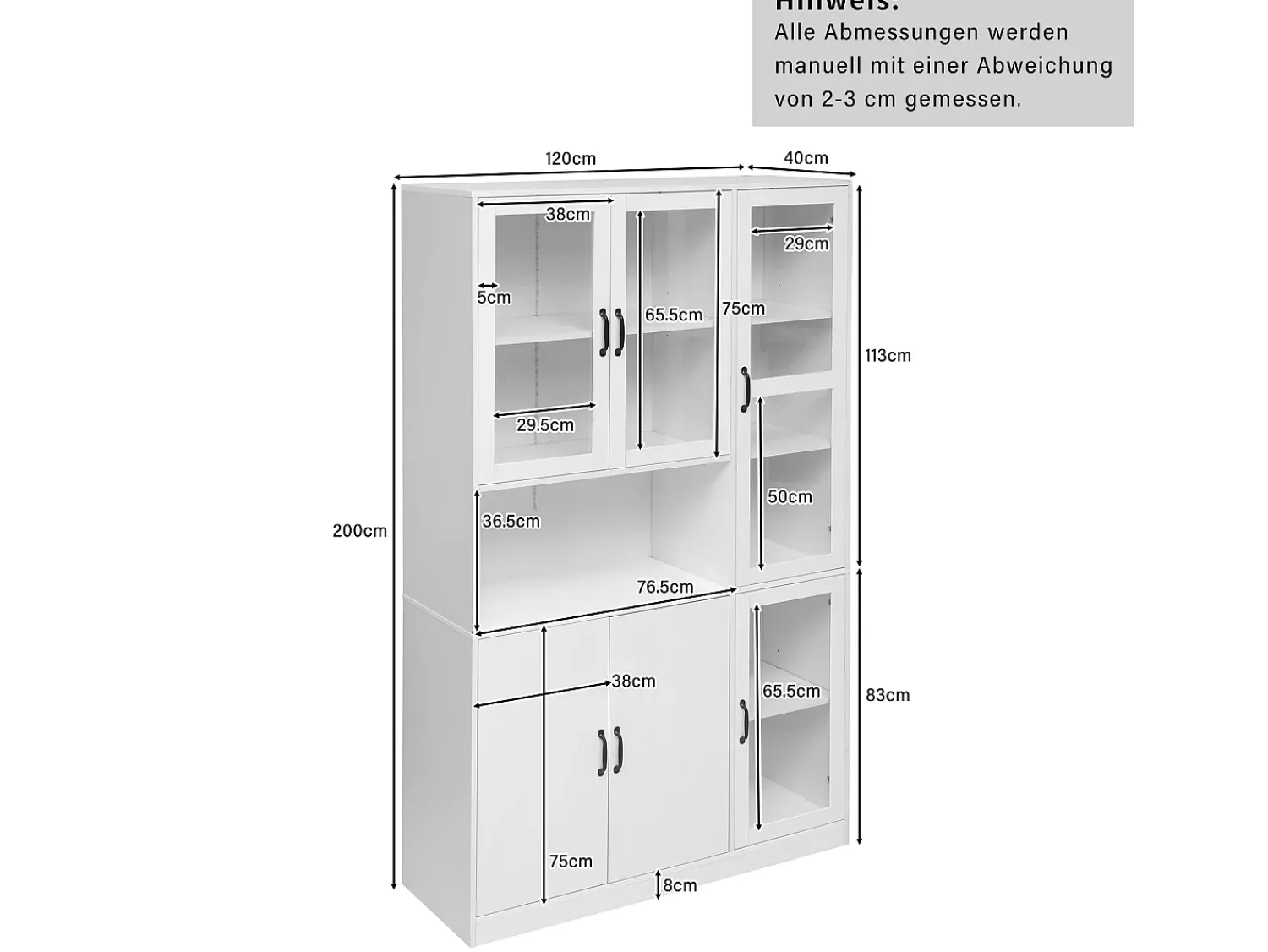 Vitrina*Merax Vitrina de aparador alto 6 portas e 1 compartimento - LEDs - Madeira MDF - - 120 x 40 x 200 cm Branco