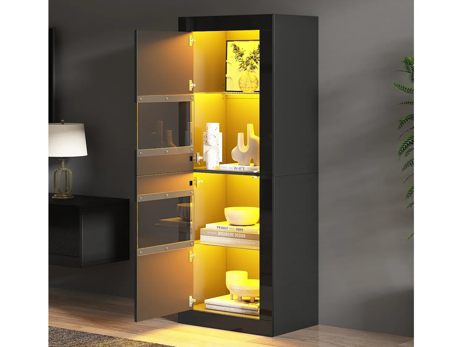 Best ModernLuxe Vitrina envernizada brilhante 61x42x162 cm - con iluminação LED - 2 portas - Prateleiras de vidro ajustáveis - Preto