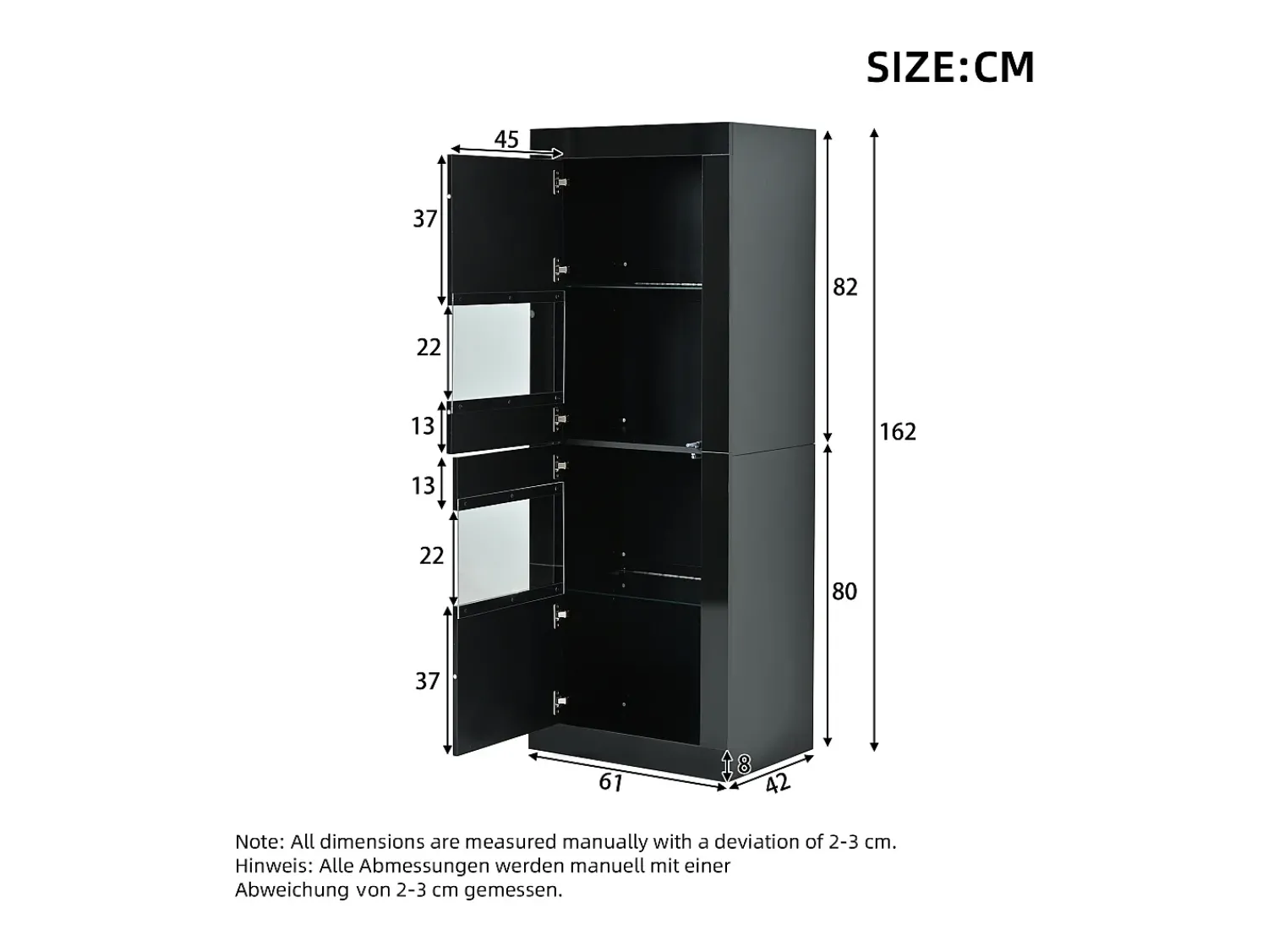 Best ModernLuxe Vitrina envernizada brilhante 61x42x162 cm - con iluminação LED - 2 portas - Prateleiras de vidro ajustáveis - Preto