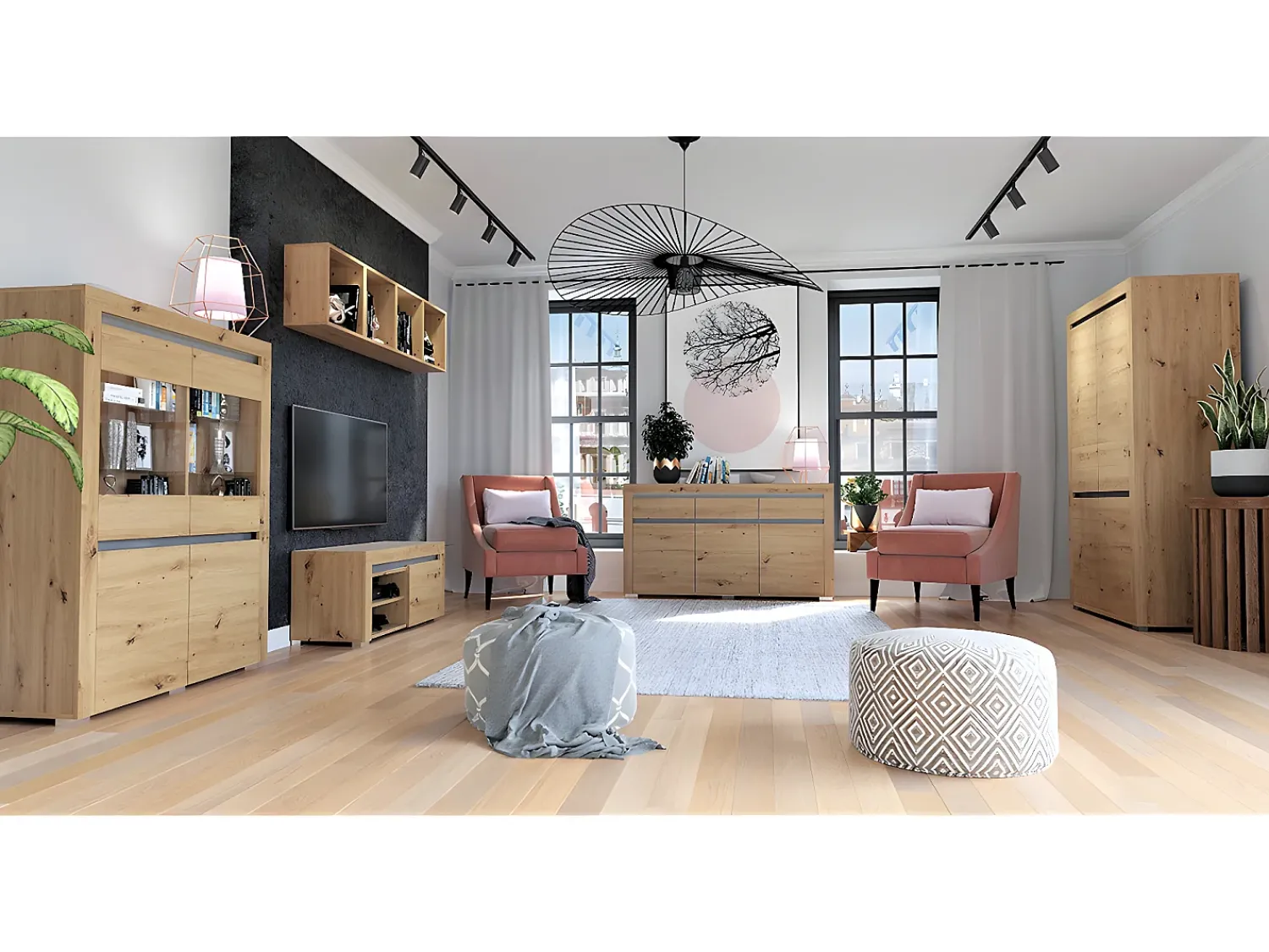 Petits-Meubles Vitrina LED de 2 portas Kasla em madeira e antracite^ Vitrina