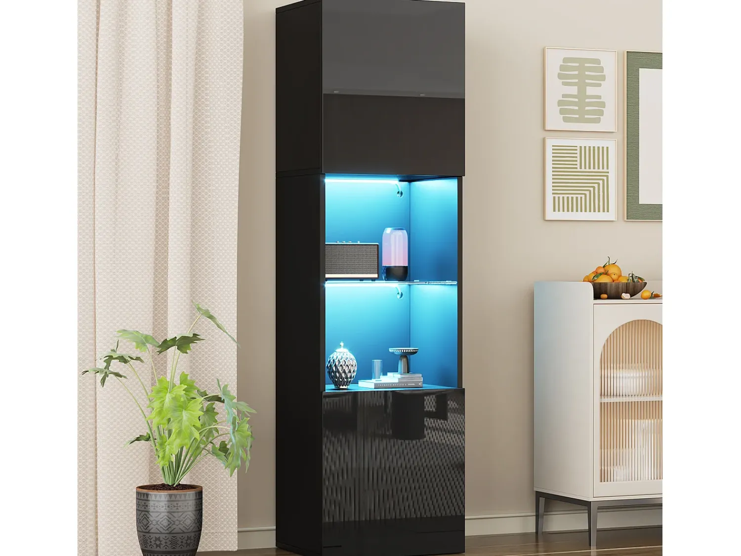 Vitrina*ModernLuxe Vitrina 45x35x160 cm - com 2 portas - com iluminação LED - 1 prateleira de vidro - Preto
