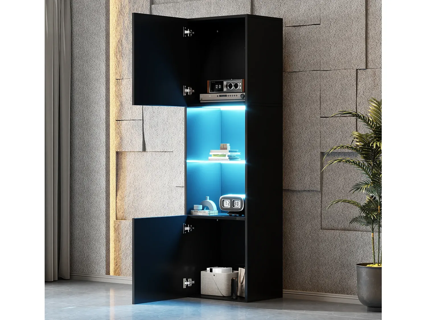 Vitrina*ModernLuxe Vitrina 45x35x160 cm - com 2 portas - com iluminação LED - 1 prateleira de vidro - Preto