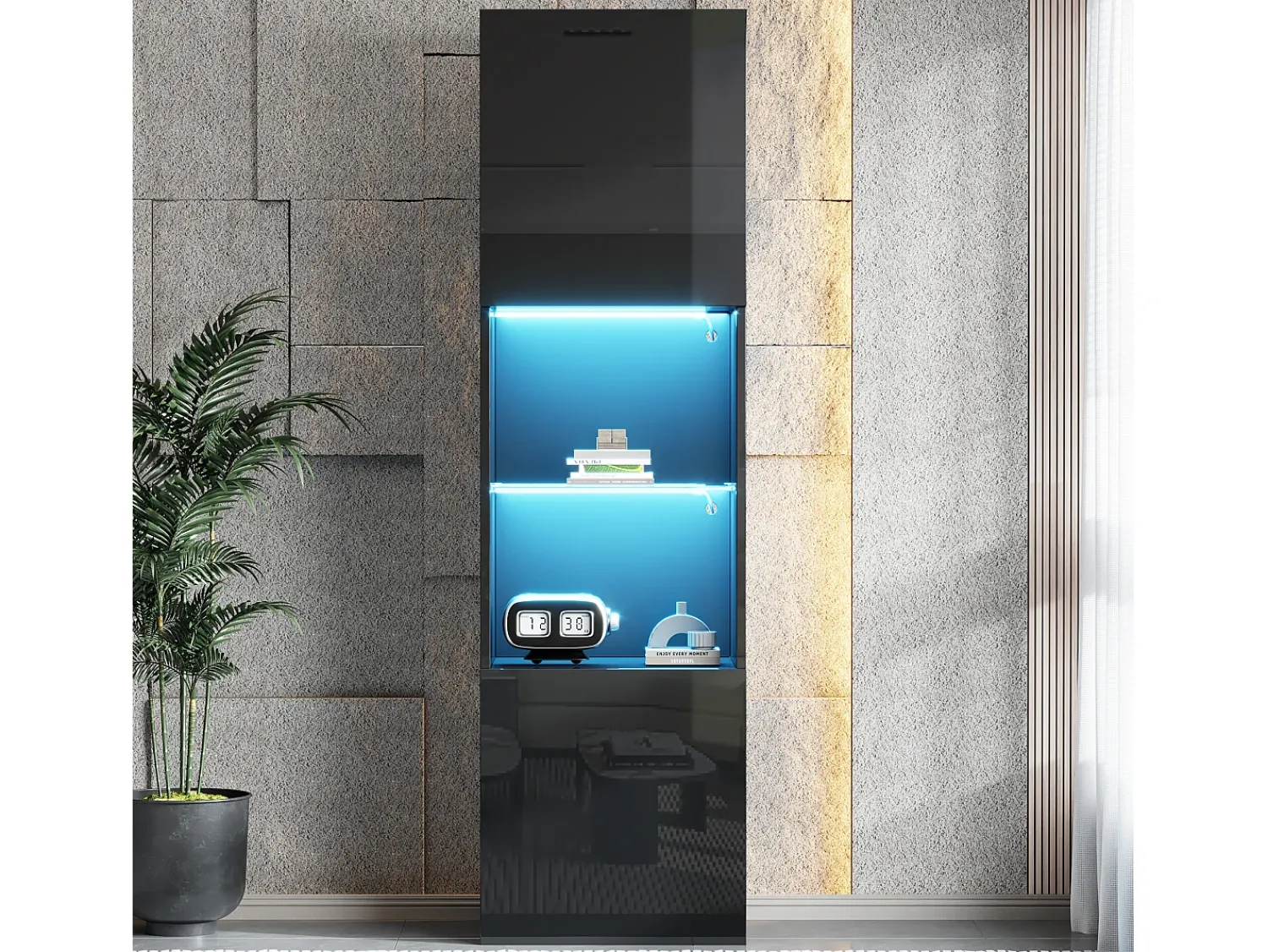 Vitrina*ModernLuxe Vitrina 45x35x160 cm - com 2 portas - com iluminação LED - 1 prateleira de vidro - Preto