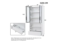 Vitrina*ModernLuxe Vitrina 80x34x180 cm - con iluminação LED - 1 gaveta e 2 portas de vidro - prateleiras abertas - MDF - Branco