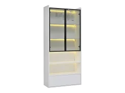 Vitrina*ModernLuxe Vitrina 80x34x180 cm - con iluminação LED - 1 gaveta e 2 portas de vidro - prateleiras abertas - MDF - Branco