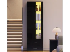 Clearance ModernLuxe Vitrina 60x35x182 cm con iluminação LED - 2 portas e 2 gavetas - Portas de vidro - Painéis de partículas - Preto