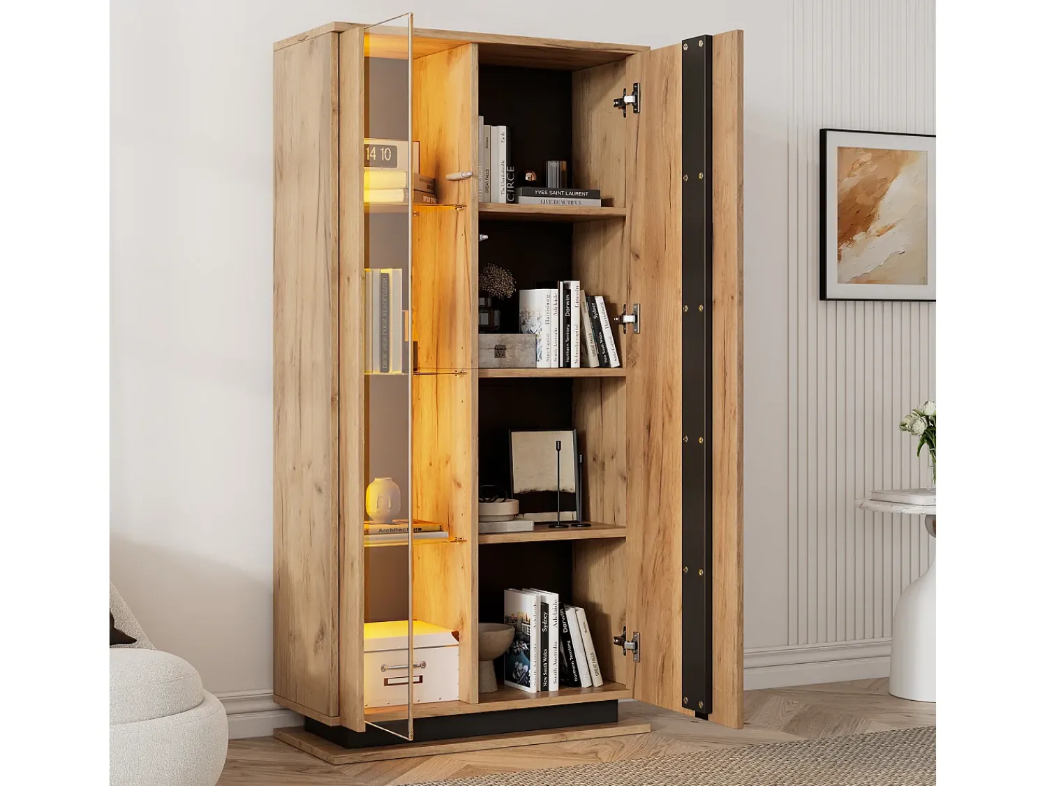 Best ModernLuxe Vitrine 80×35×160 cm - com 2 portas - iluminação LED - portas de acrílico - painel de partículas - natural Natural claro